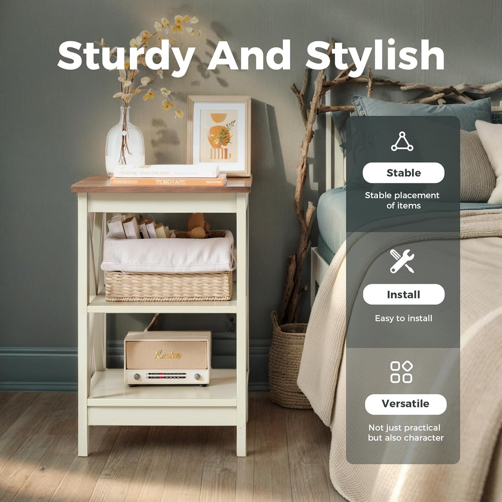 MAISON ARTS End Tables, Farmhouse Nightstand Set of 2, Small Side Table Living Room 3-Tier Modern Bed Side Table Nightstands for Bedroom, Sofa End Tables Set, Ivory White