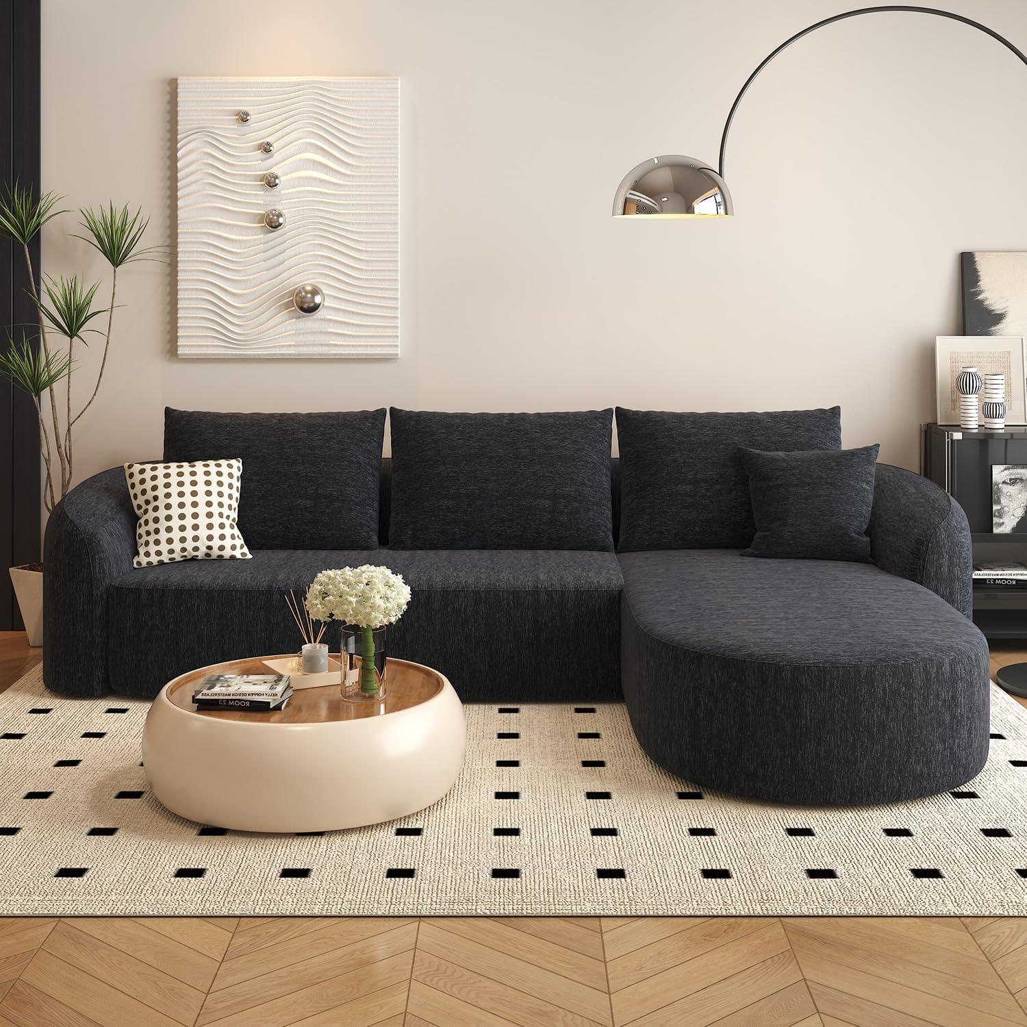 111" Modular Sectional Couches Luxury Modern Curved Back Sofa,Minimalist Comfy L-Shape Boneless Cloud Couch for Living Room Apartment,(Right Facing Chaise,White)