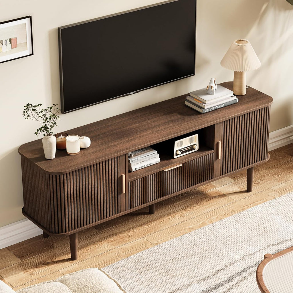 Fluted TV Stand, 55 Inch Mid Century Modern Media Console Table with Sliding Tambour Door Farmhouse Sideboard Buffet Cabinet Fits TVs up to 75 inch, Wood Entertainment Center for Living Room
