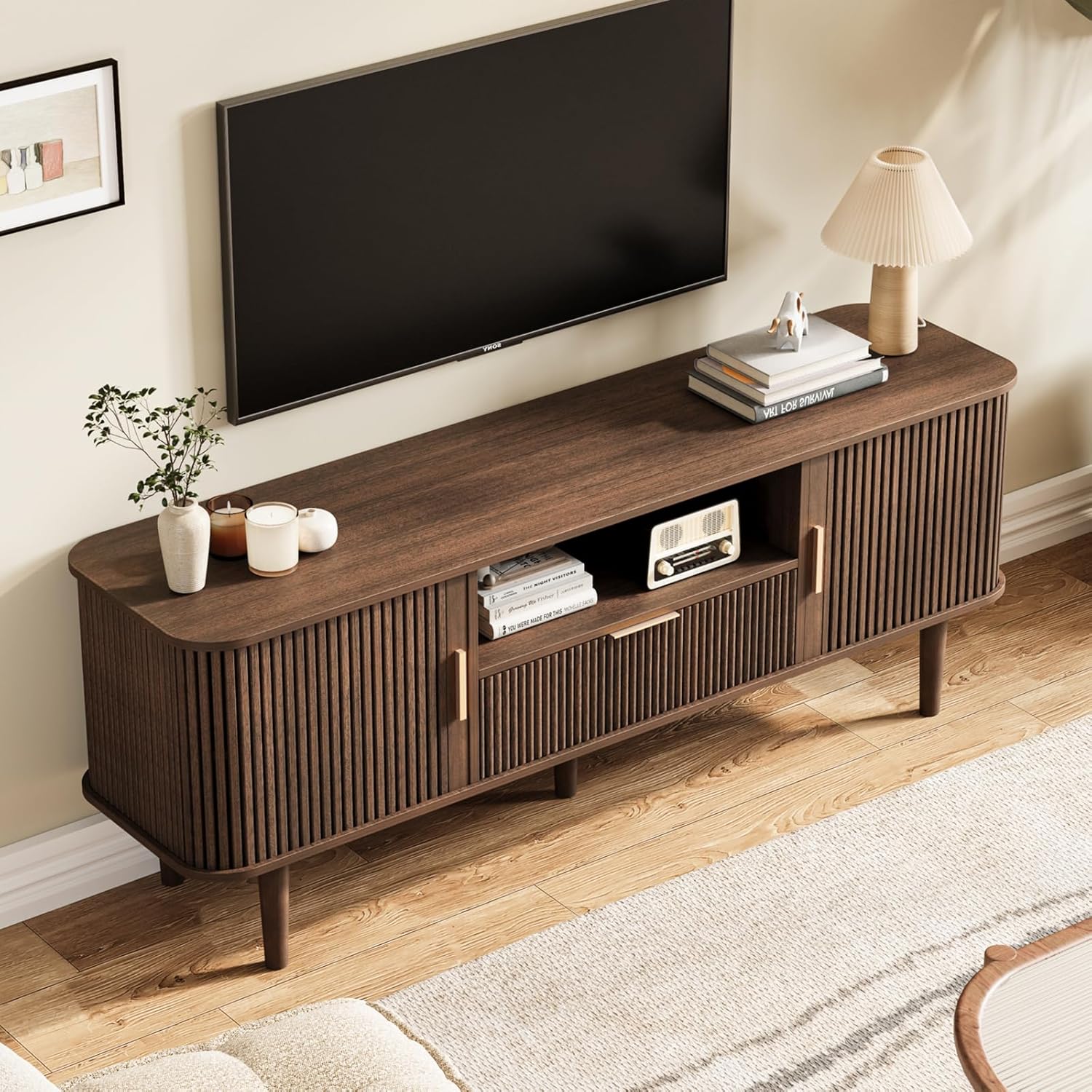 Fluted TV Stand, 55 Inch Mid Century Modern Media Console Table with Sliding Tambour Door Farmhouse Sideboard Buffet Cabinet Fits TVs up to 75 inch, Wood Entertainment Center for Living Room