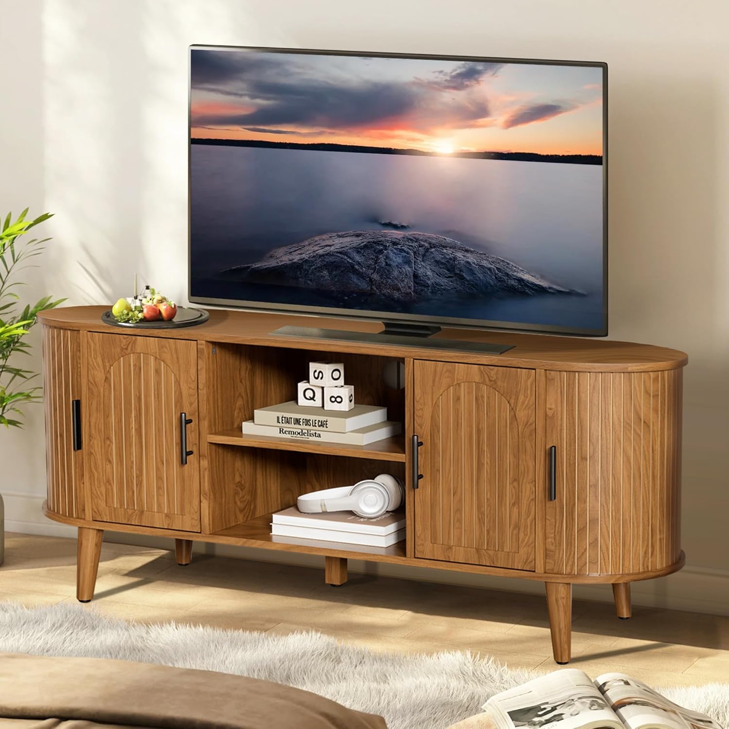 70" Fluted TV Stand for Tvs up to 80", Mid-Century Modern Entertainment Center with Drawers and Fluted Doors, Curved TV Media Console Table with Sliding Doors for Living Room, Bedroom (70")