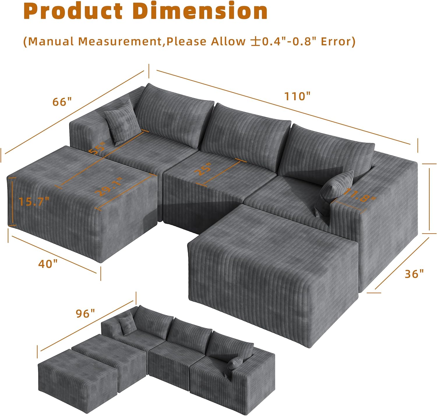 110" Boneless Couches for Living Room Cloud Couch Modular Sectional Sofa with Deep Seat Plush Large Foam SofaU-Shape Sofa Couch,No Assembly Required, Carbon Gray(Plush Corduroy Fabric)