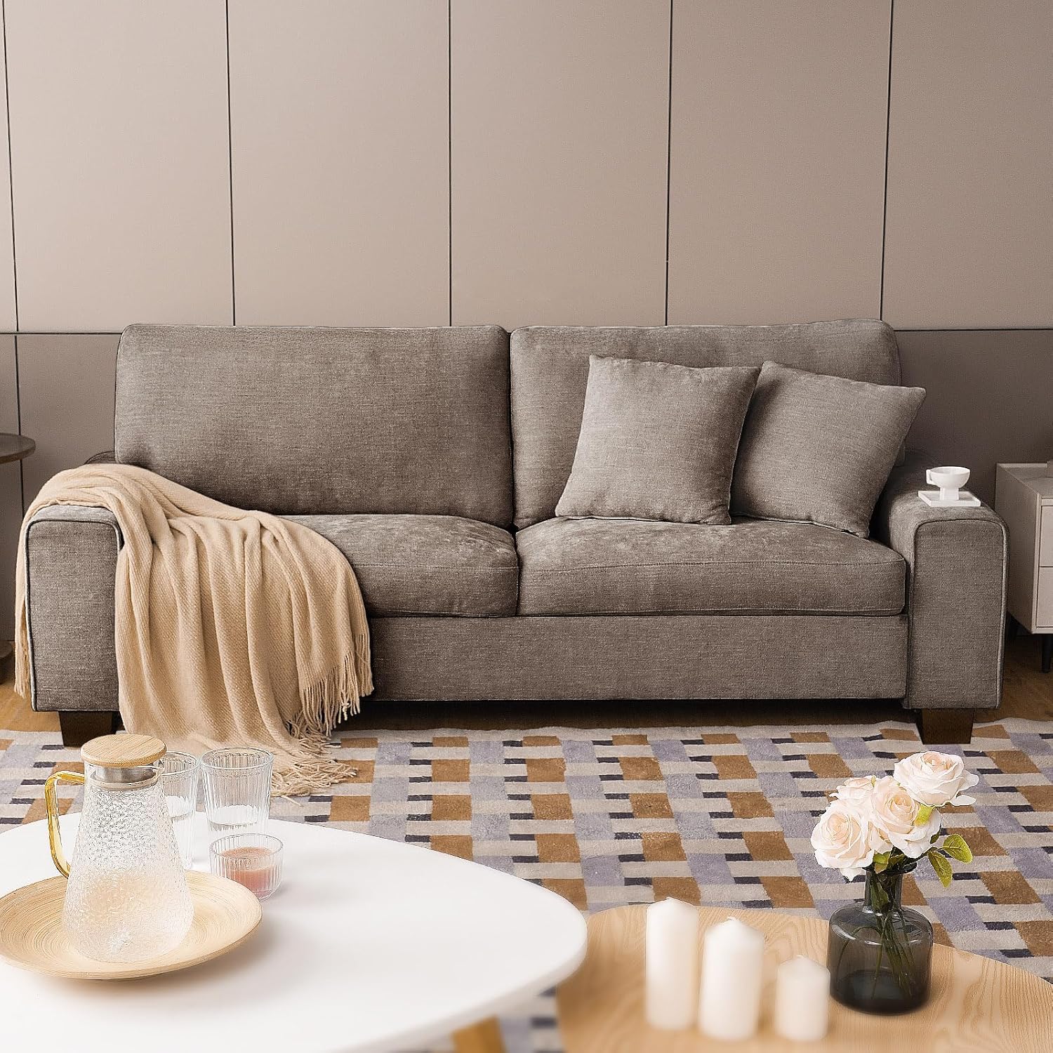 DOPEDIO Modern Loveseat Sofa for Living Room,Chenille Recliner, Removable Cover, Spring Cushions, Solid Wood Frame, Easy Assembly for Small Spaces (71.25inch，Beige)