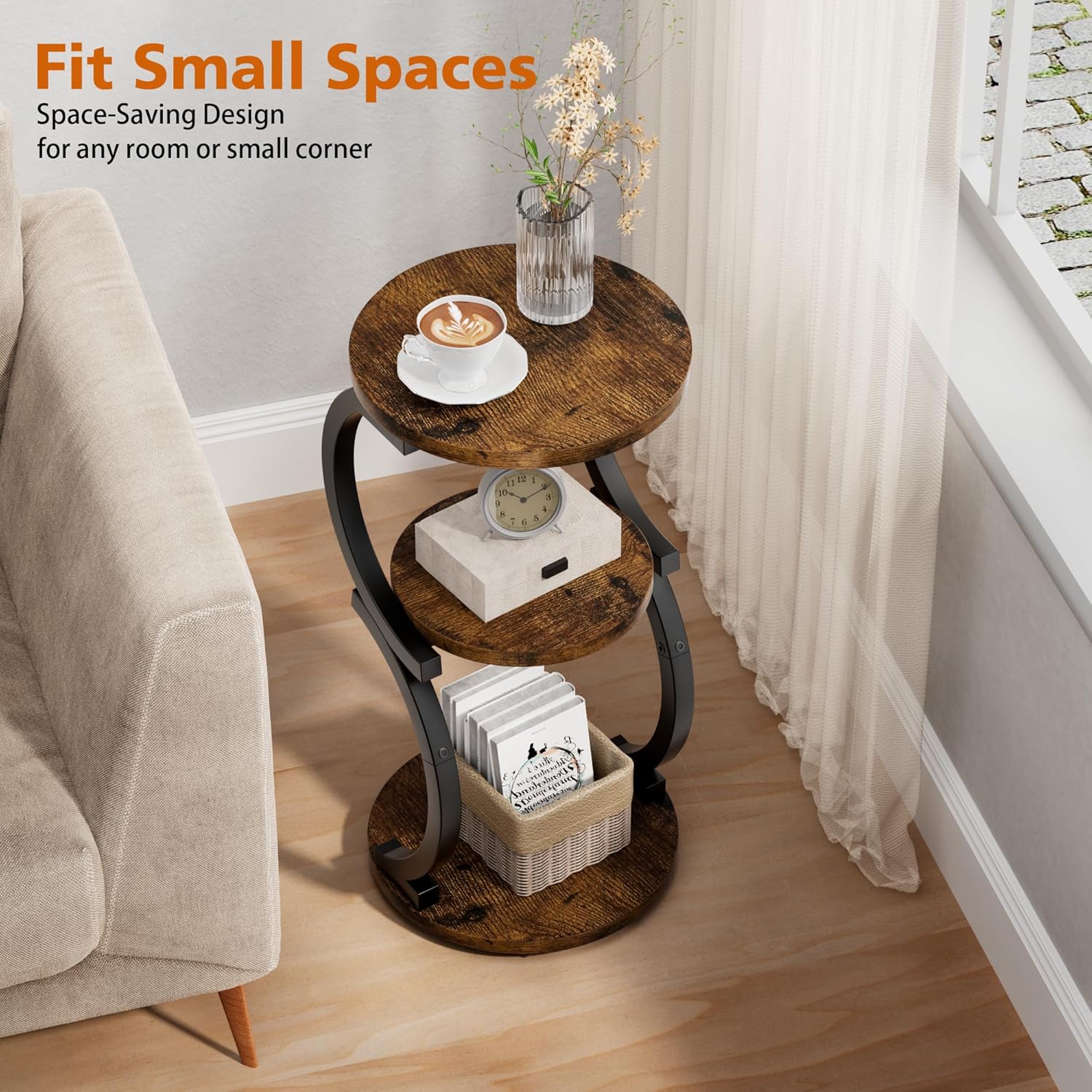 Small Side Table, 3-Tier Round End Table for Living Room, S-Shaped Accent Table for Small Spaces Sofa Couch Bedroom, Vintage Nightstand Wood Metal Coffee Table with Storage Shelf, Rustic Brown