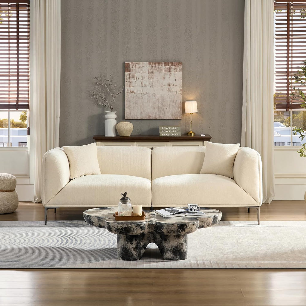 MEETAKING 82.68" Modern Sofa, 3-Seater Deep Seats Tuxedo Couch, Boucle Sofas with 2 Pillows, Minimalist Couches Straight with Metal Legs, High Armrests for Living Room,Bedroom,Home Office (Beige)