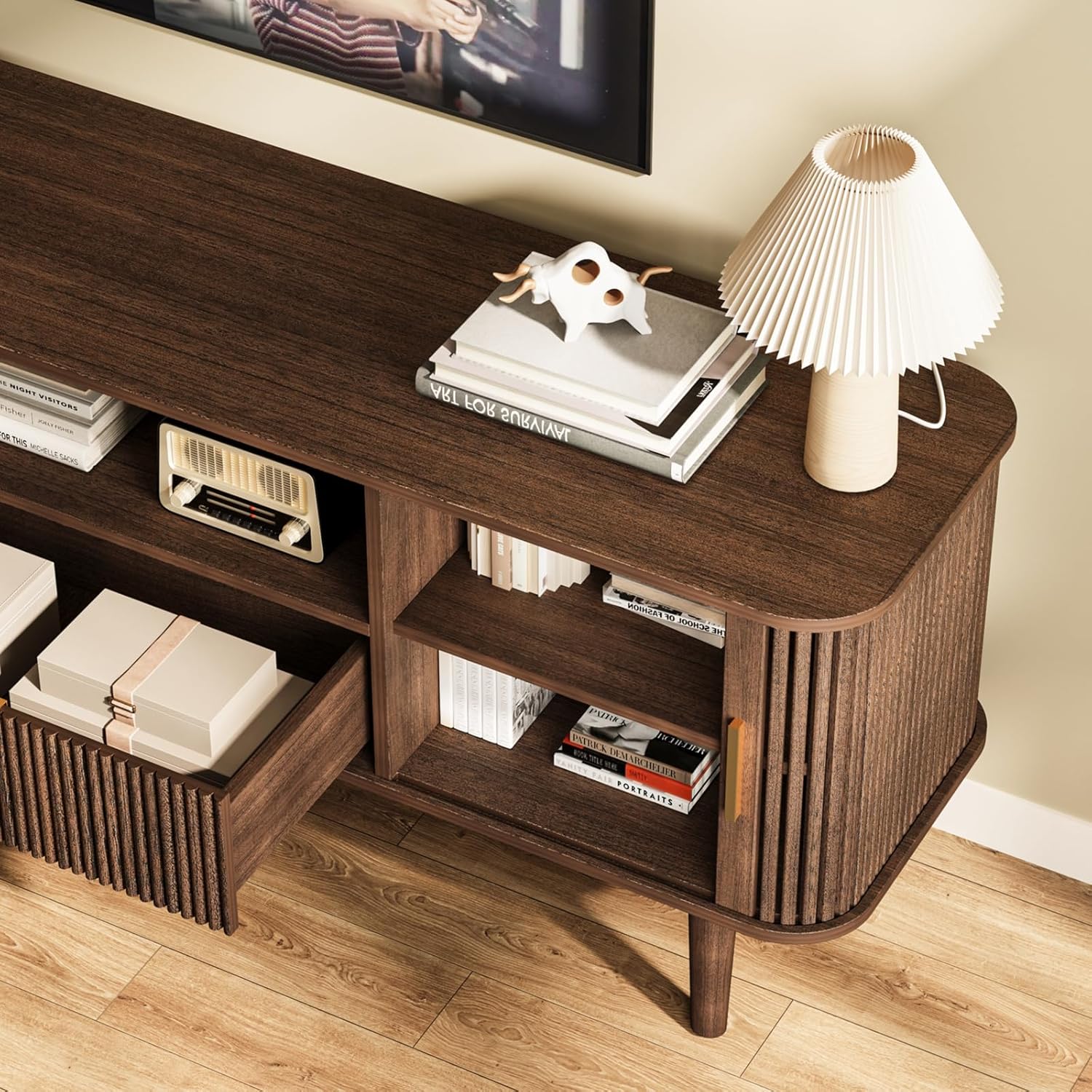 Fluted TV Stand, 55 Inch Mid Century Modern Media Console Table with Sliding Tambour Door Farmhouse Sideboard Buffet Cabinet Fits TVs up to 75 inch, Wood Entertainment Center for Living Room