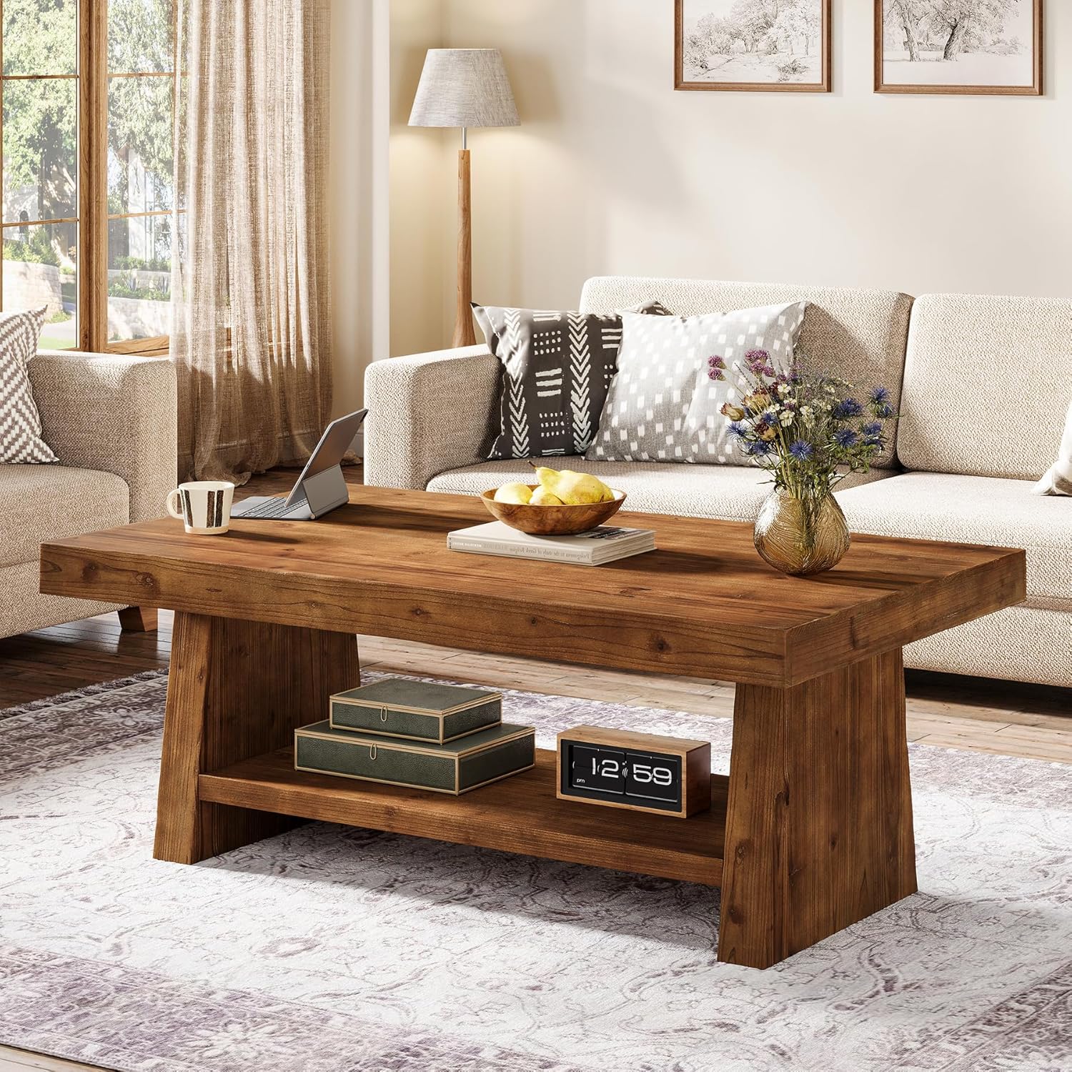 Solid Wood Coffee Table, 47-Inch Farmhouse Coffee Table for Living Room, 2-Tier Rectangular Center Table with Storage for Apartment, Bedroom, Office, Dark Brown