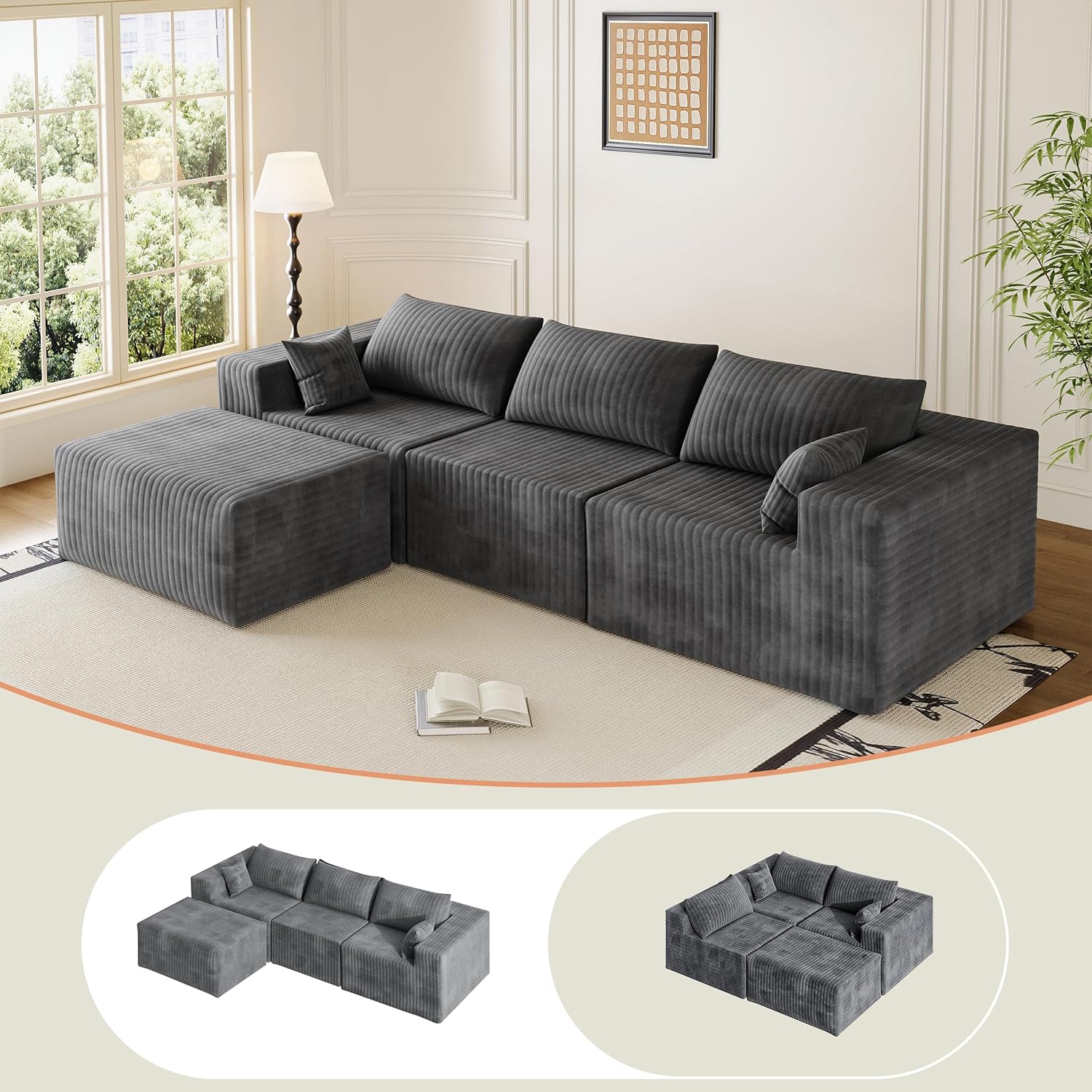 110" Boneless Couches for Living Room Cloud Couch Modular Sectional Sofa with Deep Seat Plush Large Foam SofaU-Shape Sofa Couch,No Assembly Required, Carbon Gray(Plush Corduroy Fabric)