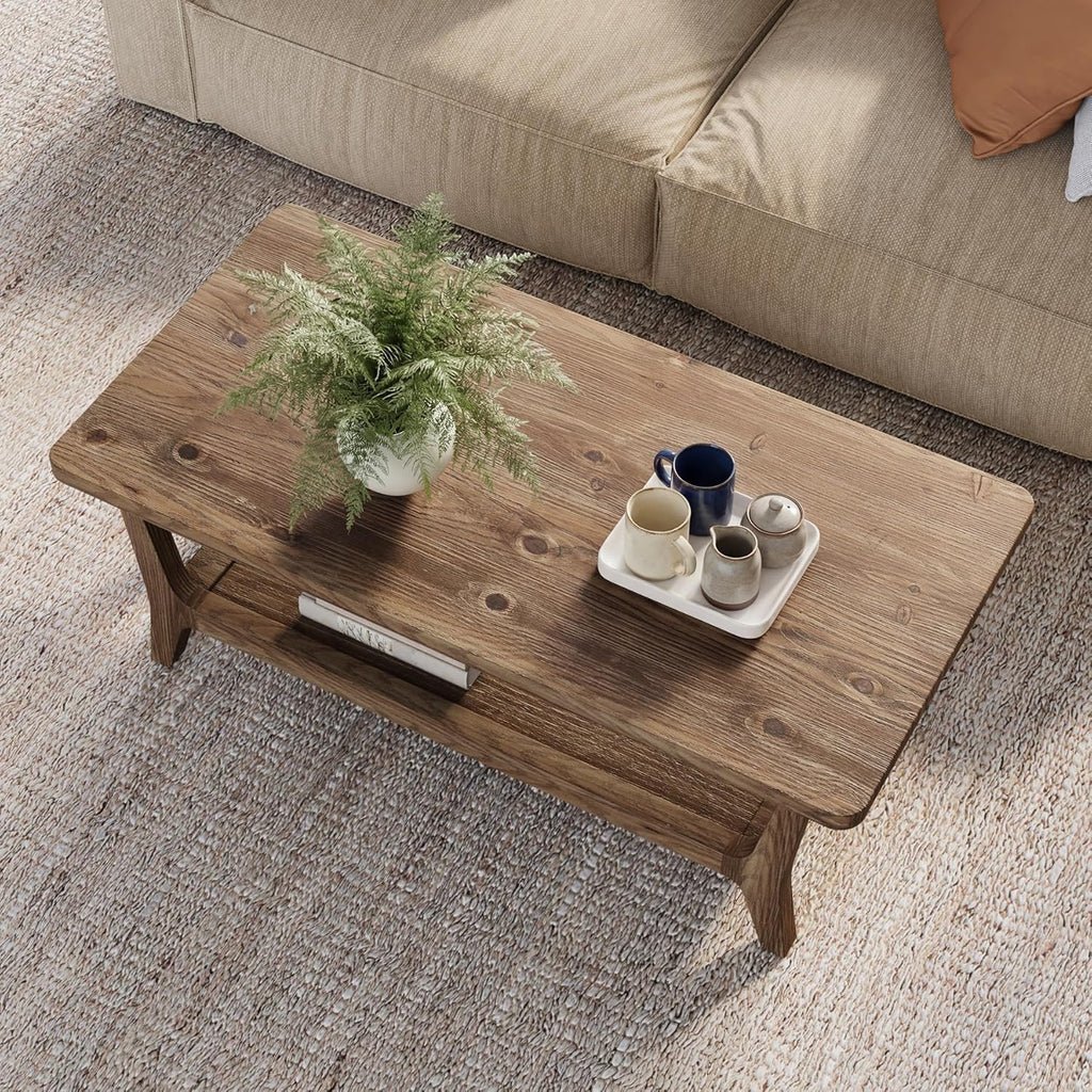 LITTLE TREE Solid Wood Coffee Table with Storage, 2-Tier Shelf Living Room Table, Rounded Corners, Kid-Friendly Lightweight Design, Easy Assembly, 23.6" D x 47.2" W, Rustic Brown