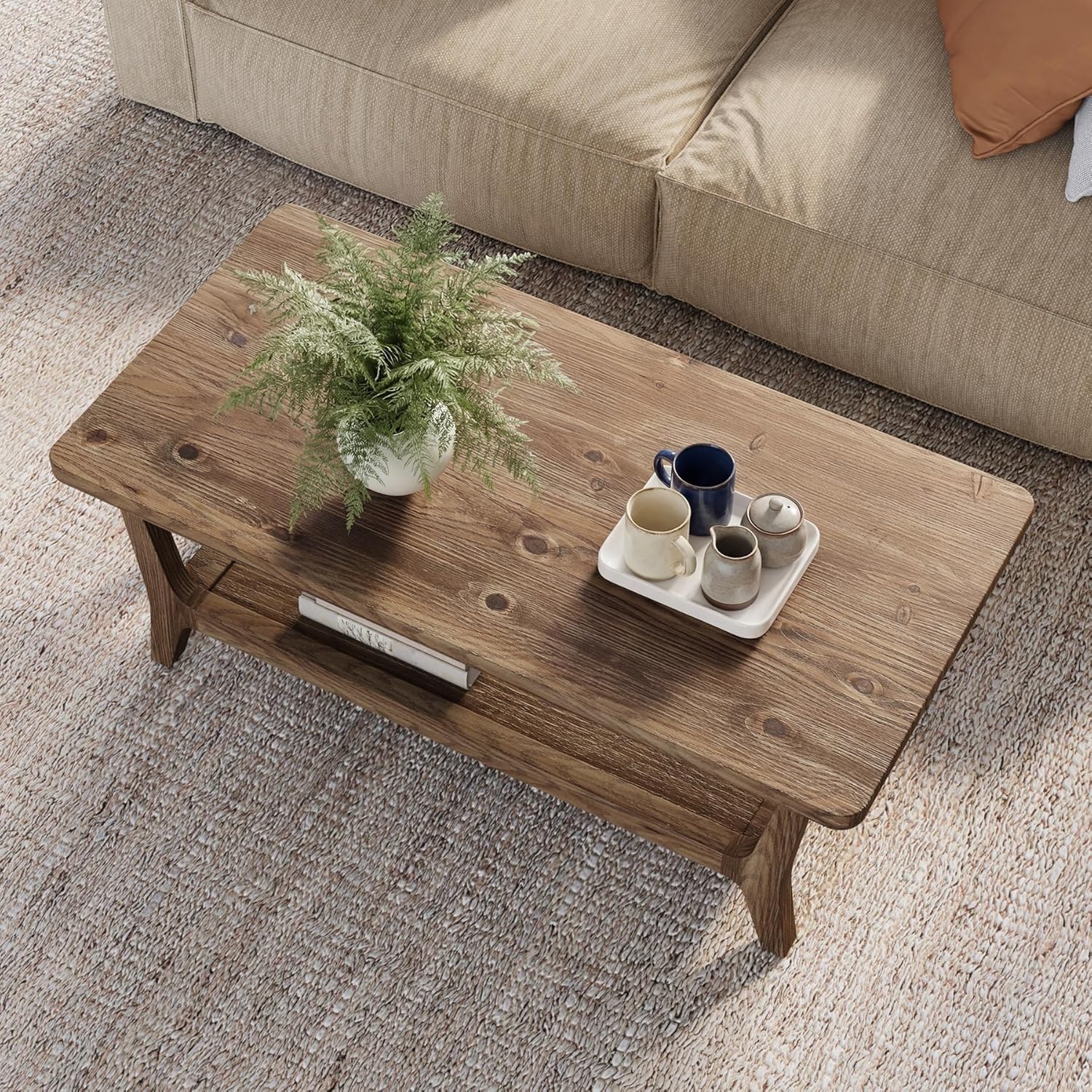 LITTLE TREE Solid Wood Coffee Table with Storage, 2-Tier Shelf Living Room Table, Rounded Corners, Kid-Friendly Lightweight Design, Easy Assembly, 23.6" D x 47.2" W, Rustic Brown