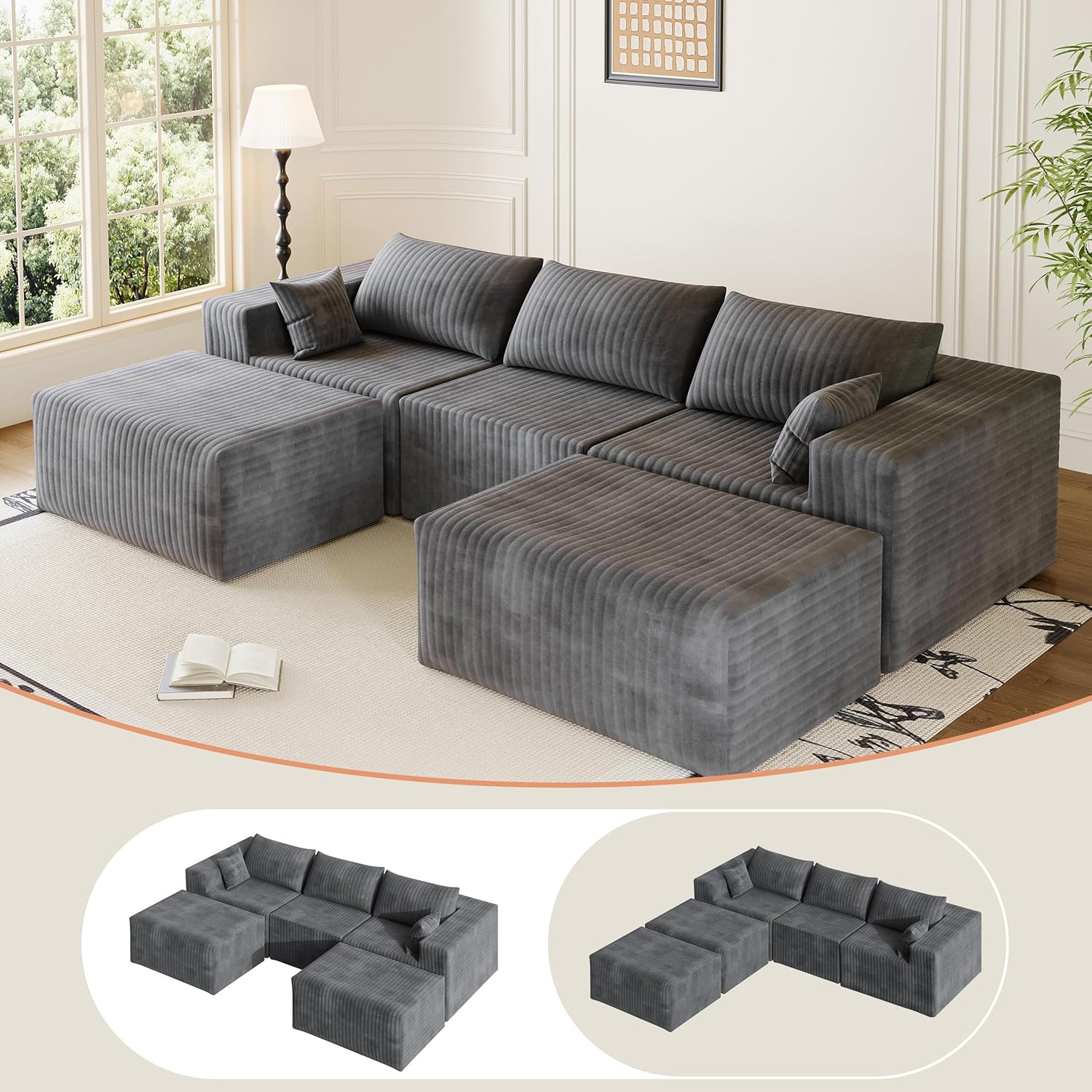 110" Boneless Couches for Living Room Cloud Couch Modular Sectional Sofa with Deep Seat Plush Large Foam SofaU-Shape Sofa Couch,No Assembly Required, Carbon Gray(Plush Corduroy Fabric)