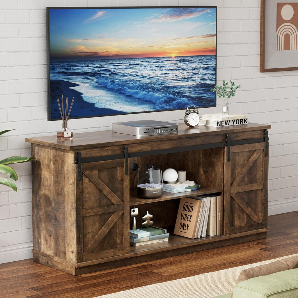 YESHOMY Farmhouse TV Stand for Televisions up to 65 Inches, Sliding Barn Doors and Storage Cabinets, Console Table and Media Furniture for Living Room, 58 Inch, Milk White