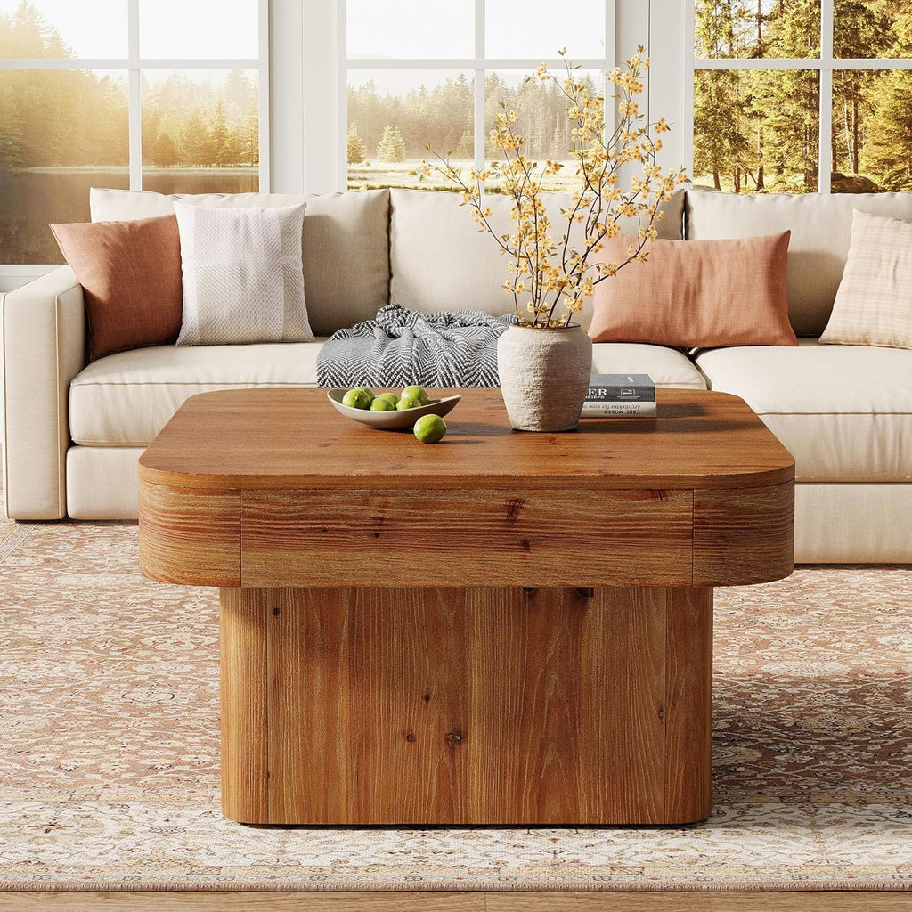 Solid Wood Coffee Table for Living Room, 31.5'' Farmhouse Square Coffee Table for Small Spaces, Rustic Brown