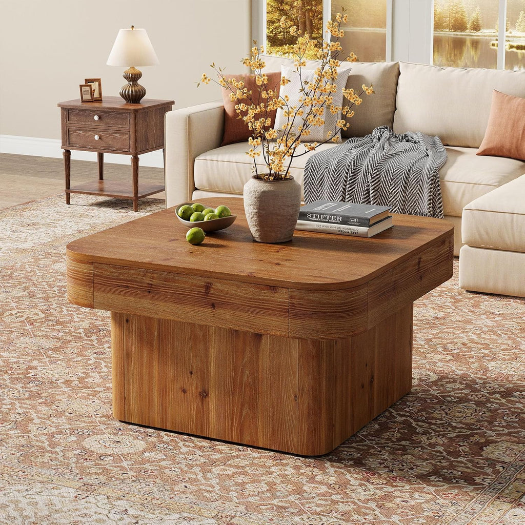 Solid Wood Coffee Table for Living Room, 31.5'' Farmhouse Square Coffee Table for Small Spaces, Rustic Brown