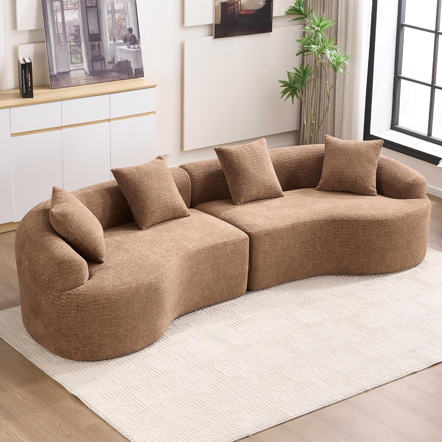 Yoglad 110‘’ Boneless Curved Sofa, Modern Cloud 4-Seater Floor Couch, Minimalist Compression Sofa for Living Room Apartment Studio Office, No Assembly Needed(Chenille, Beige White)