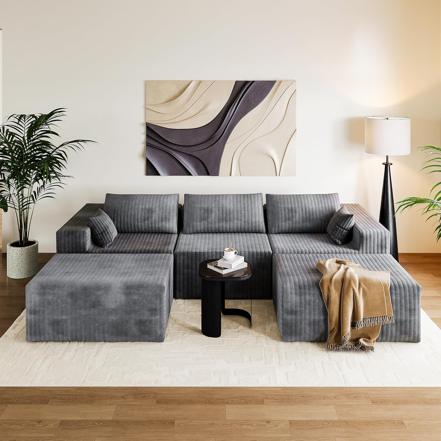 110" Boneless Couches for Living Room Cloud Couch Modular Sectional Sofa with Deep Seat Plush Large Foam SofaU-Shape Sofa Couch,No Assembly Required, Carbon Gray(Plush Corduroy Fabric)