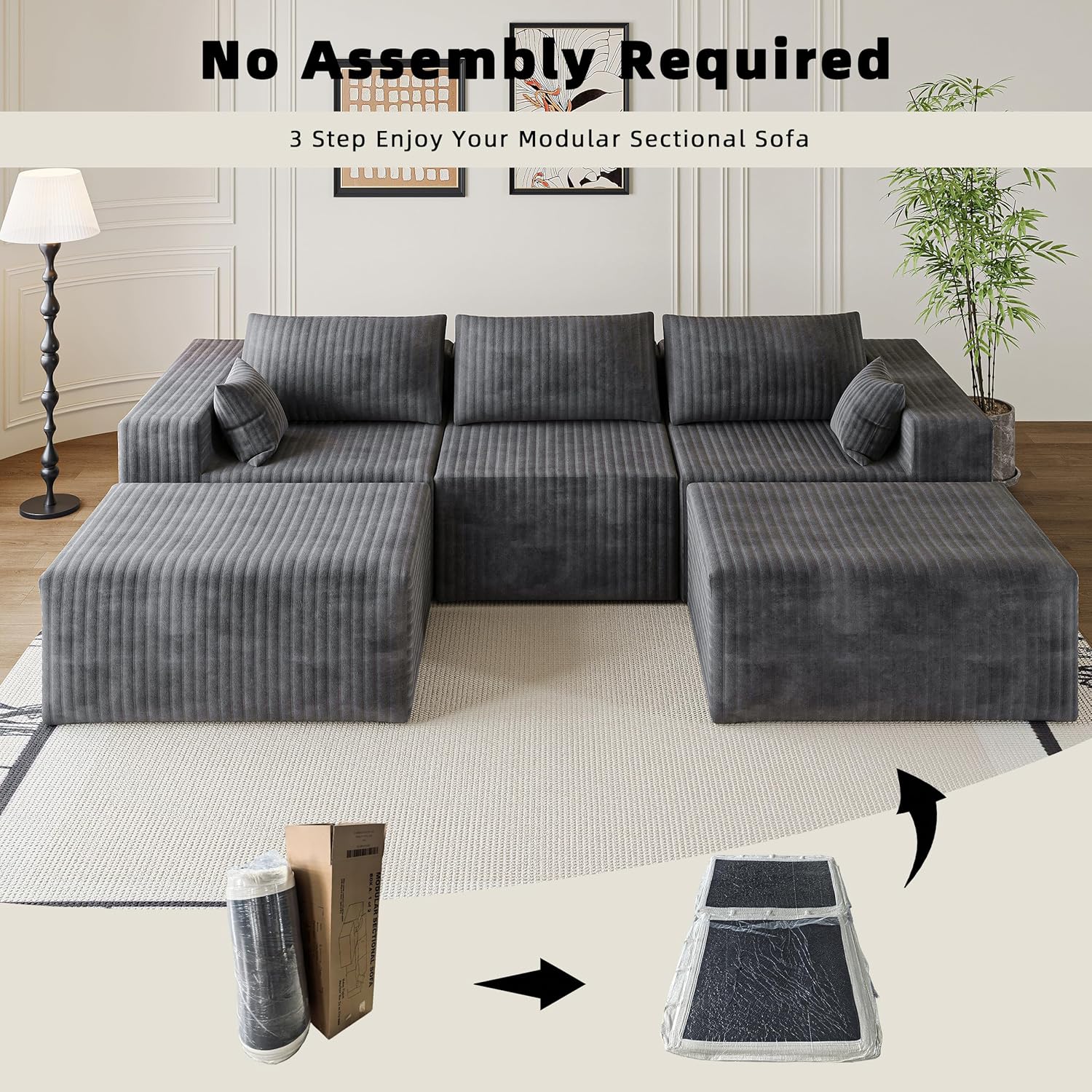 110" Boneless Couches for Living Room Cloud Couch Modular Sectional Sofa with Deep Seat Plush Large Foam SofaU-Shape Sofa Couch,No Assembly Required, Carbon Gray(Plush Corduroy Fabric)