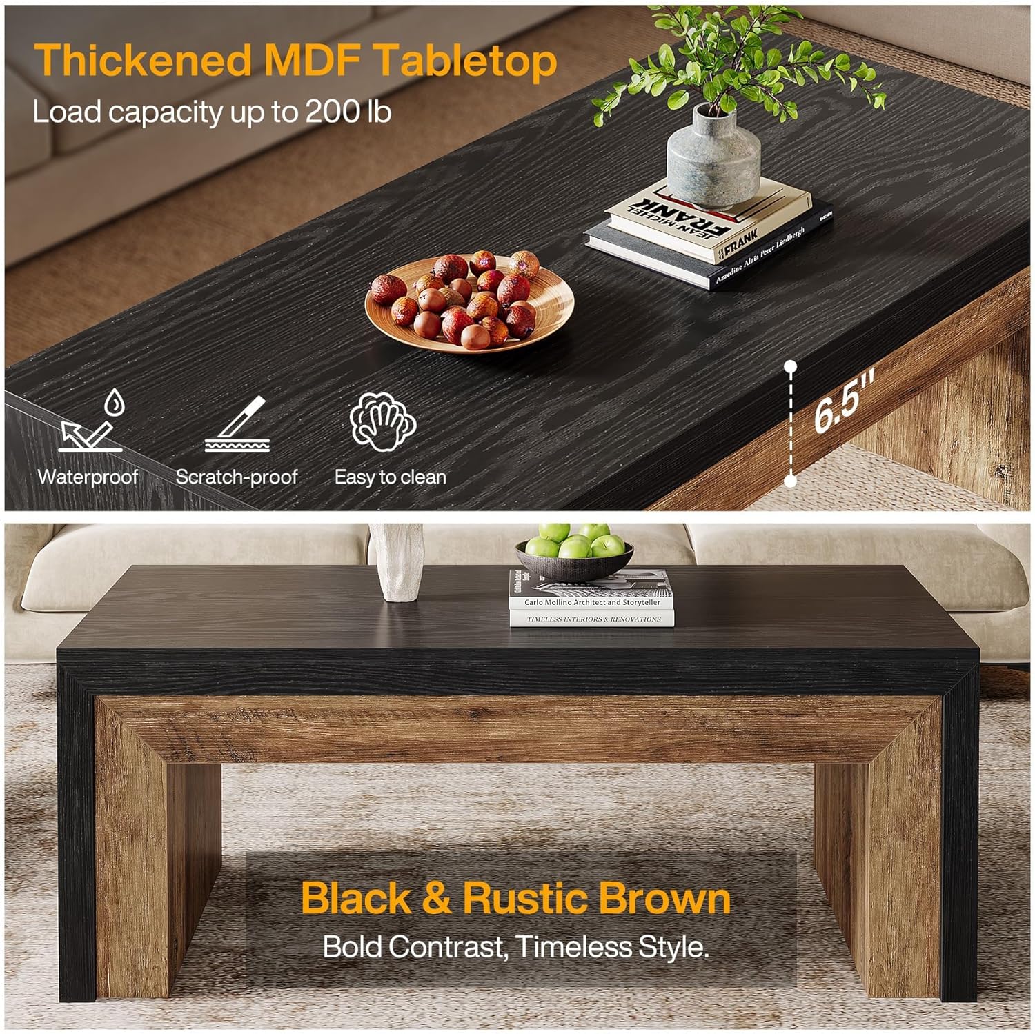 Tribesigns 47-Inch Coffee Table for Living Room, Mid-Century Modern Coffee Table with Sturdy Base, Farmhouse Rectangle Accent Center for Apartment, Easy Assembly (Black & Walnut)