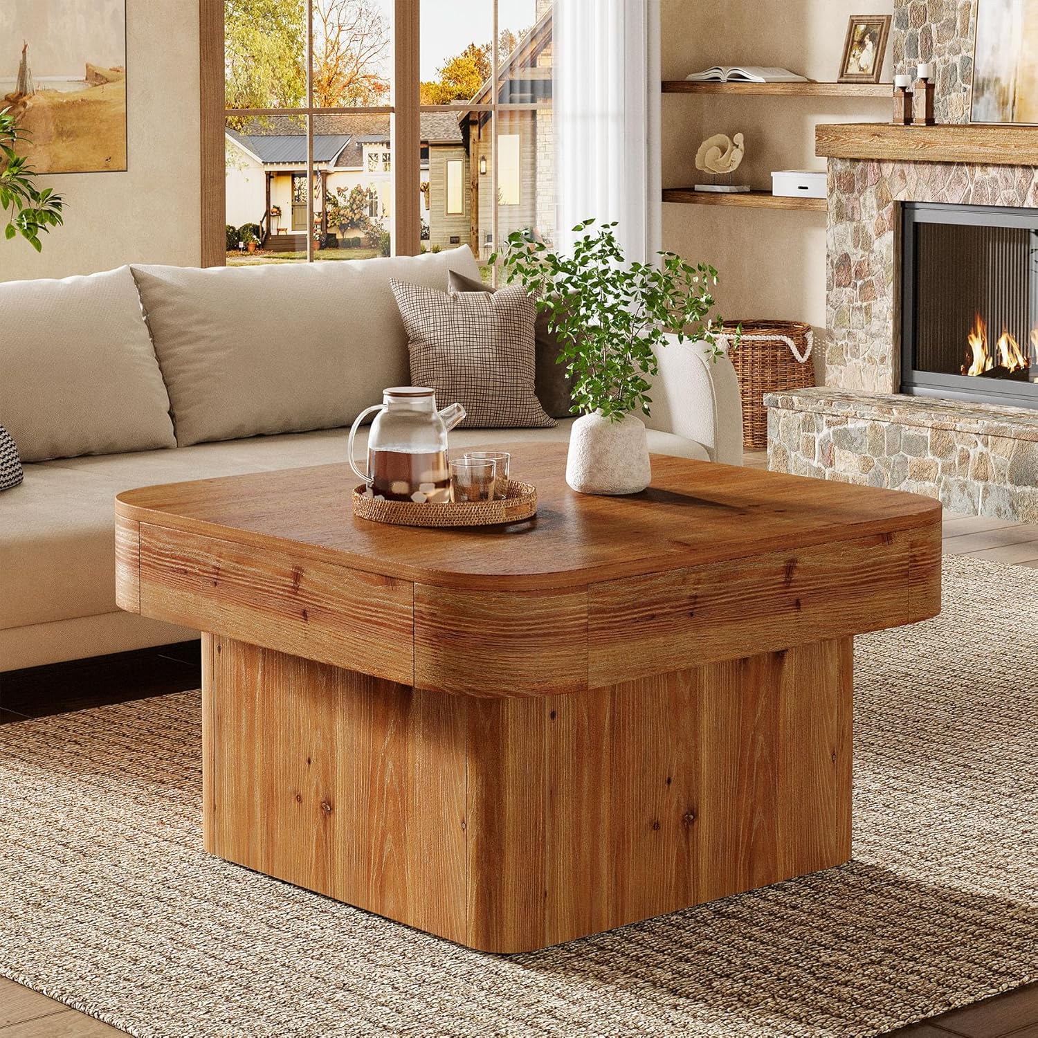 Solid Wood Coffee Table for Living Room, 31.5'' Farmhouse Square Coffee Table for Small Spaces, Rustic Brown