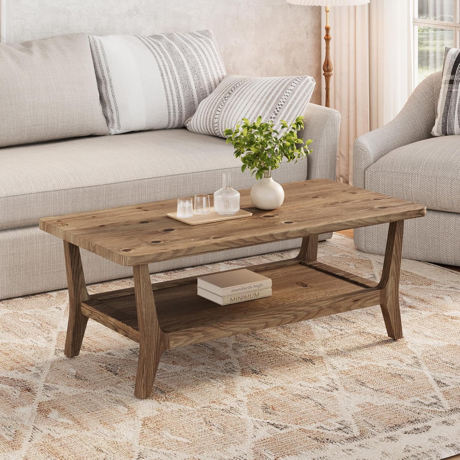 LITTLE TREE Solid Wood Coffee Table with Storage, 2-Tier Shelf Living Room Table, Rounded Corners, Kid-Friendly Lightweight Design, Easy Assembly, 23.6" D x 47.2" W, Rustic Brown