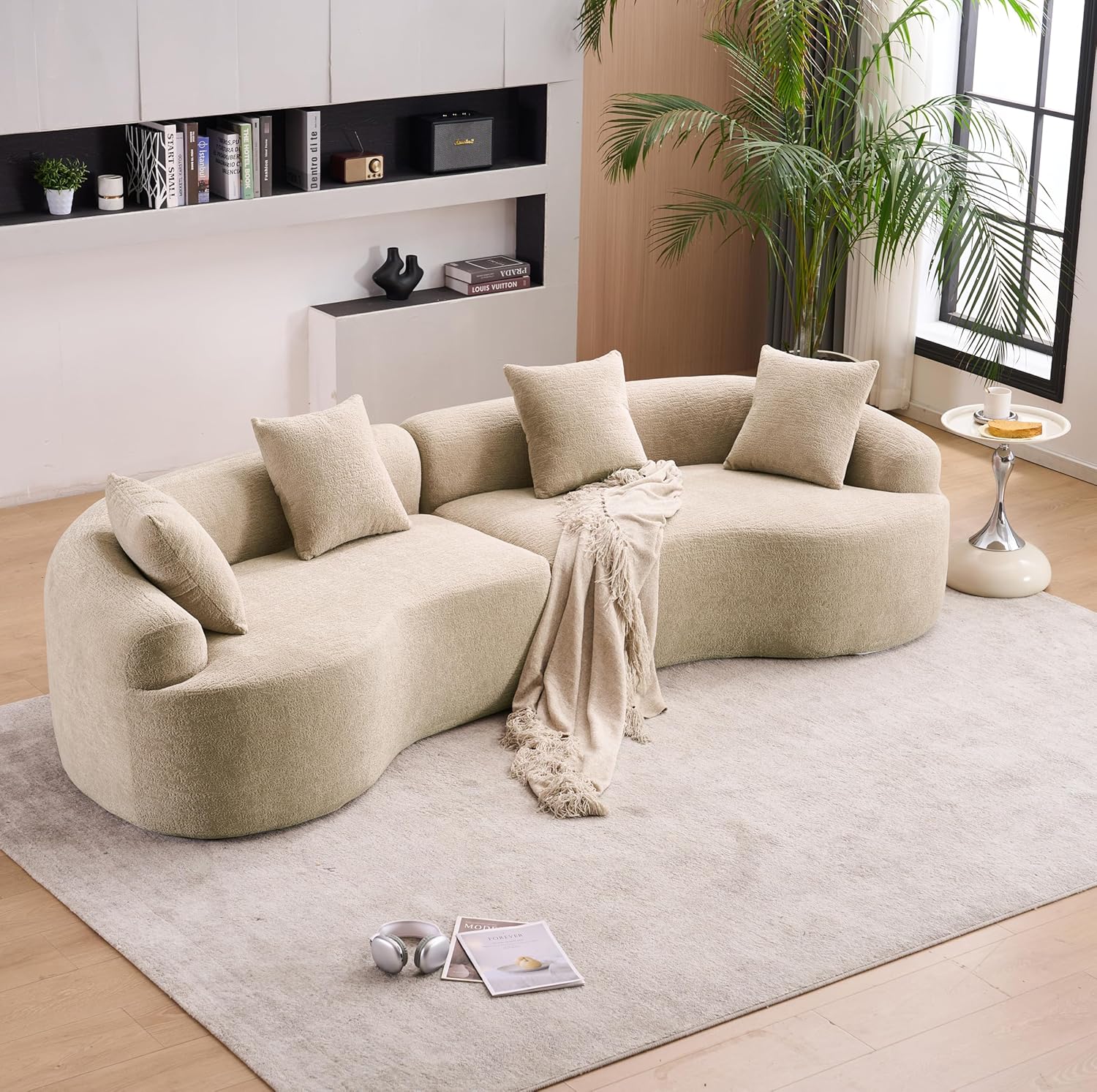 Yoglad 110‘’ Boneless Curved Sofa, Modern Cloud 4-Seater Floor Couch, Minimalist Compression Sofa for Living Room Apartment Studio Office, No Assembly Needed(Chenille, Beige White)