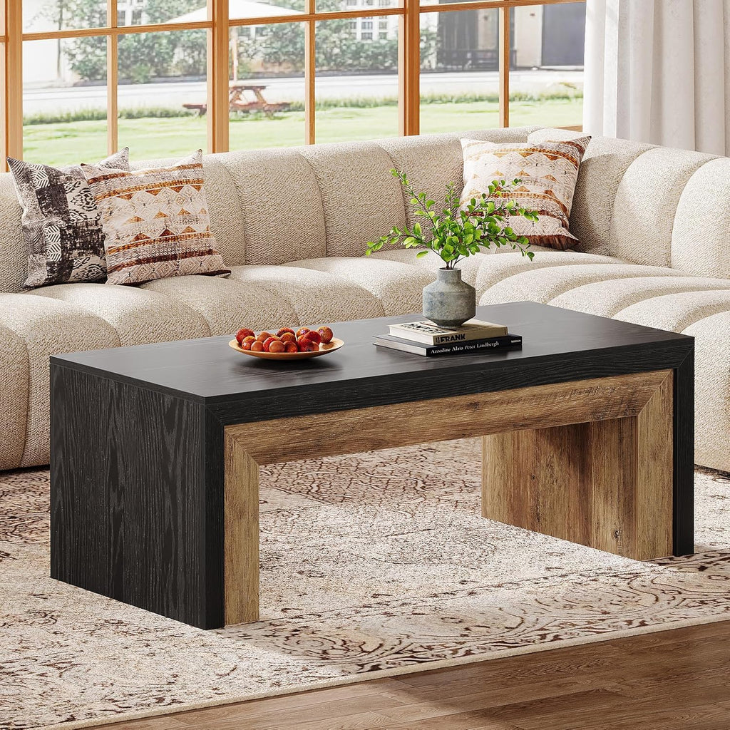 Tribesigns 47-Inch Coffee Table for Living Room, Mid-Century Modern Coffee Table with Sturdy Base, Farmhouse Rectangle Accent Center for Apartment, Easy Assembly (Black & Walnut)