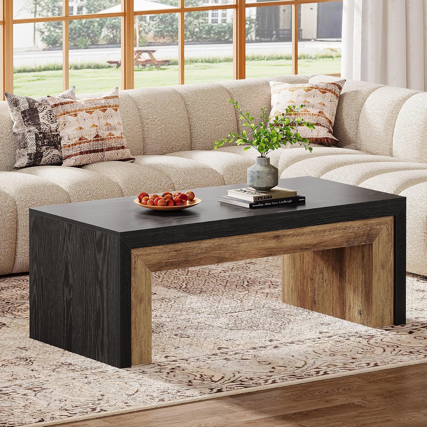 Tribesigns 47-Inch Coffee Table for Living Room, Mid-Century Modern Coffee Table with Sturdy Base, Farmhouse Rectangle Accent Center for Apartment, Easy Assembly (Black & Walnut)