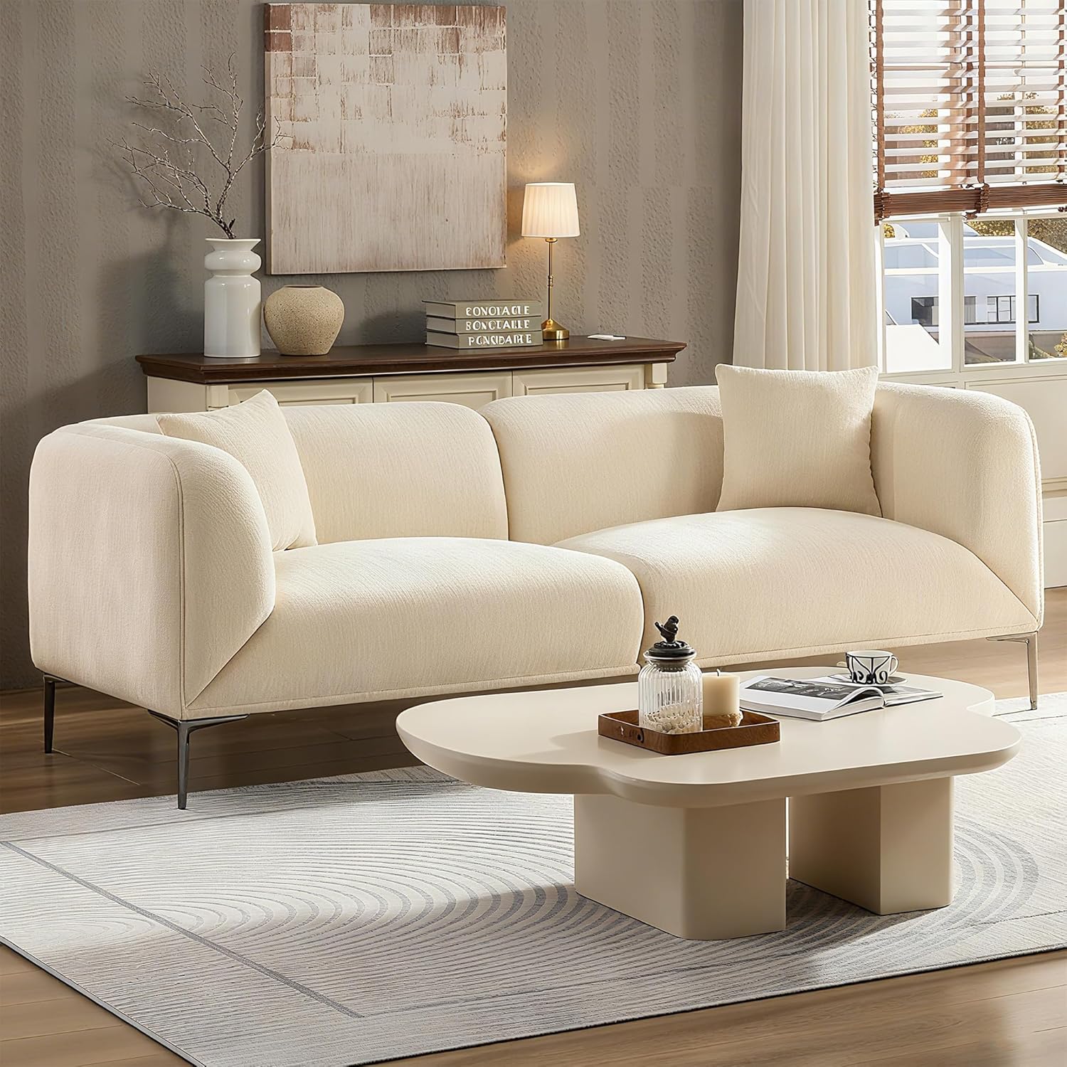 MEETAKING 82.68" Modern Sofa, 3-Seater Deep Seats Tuxedo Couch, Boucle Sofas with 2 Pillows, Minimalist Couches Straight with Metal Legs, High Armrests for Living Room,Bedroom,Home Office (Beige)