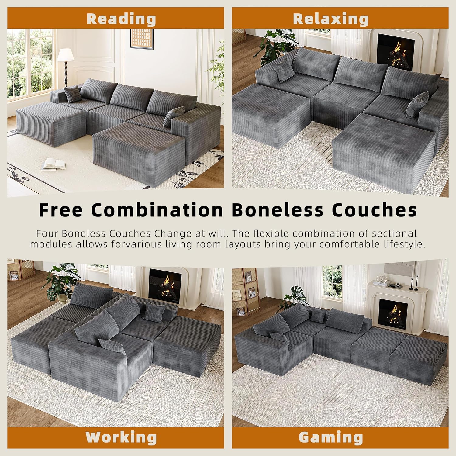 110" Boneless Couches for Living Room Cloud Couch Modular Sectional Sofa with Deep Seat Plush Large Foam SofaU-Shape Sofa Couch,No Assembly Required, Carbon Gray(Plush Corduroy Fabric)