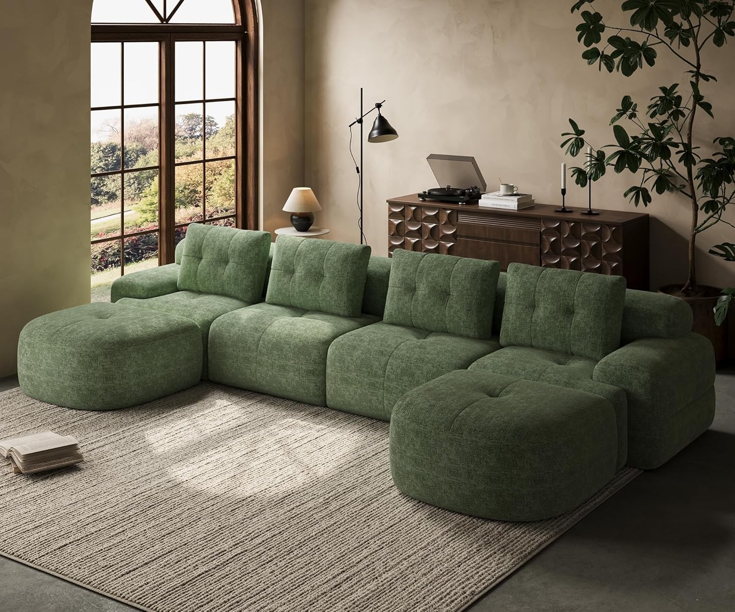 145'' U-Shaped Modular Sectional Sofa Couch, Full-Foam Structure, Compression Packaging Design, Woven Texture Upholstery, Oversized Modern Sofa for Living Room – Wheat Beige