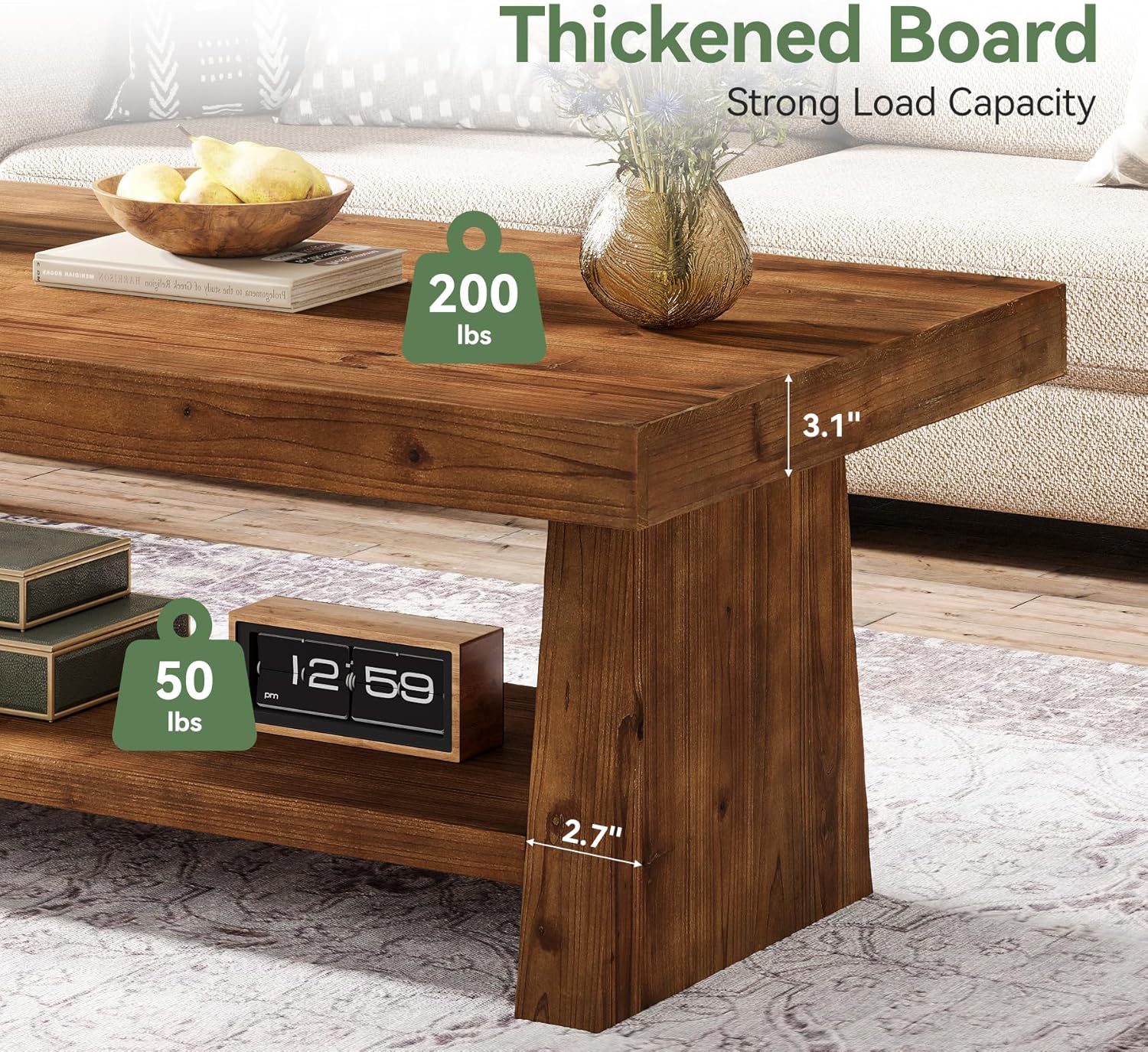 Solid Wood Coffee Table, 47-Inch Farmhouse Coffee Table for Living Room, 2-Tier Rectangular Center Table with Storage for Apartment, Bedroom, Office, Dark Brown